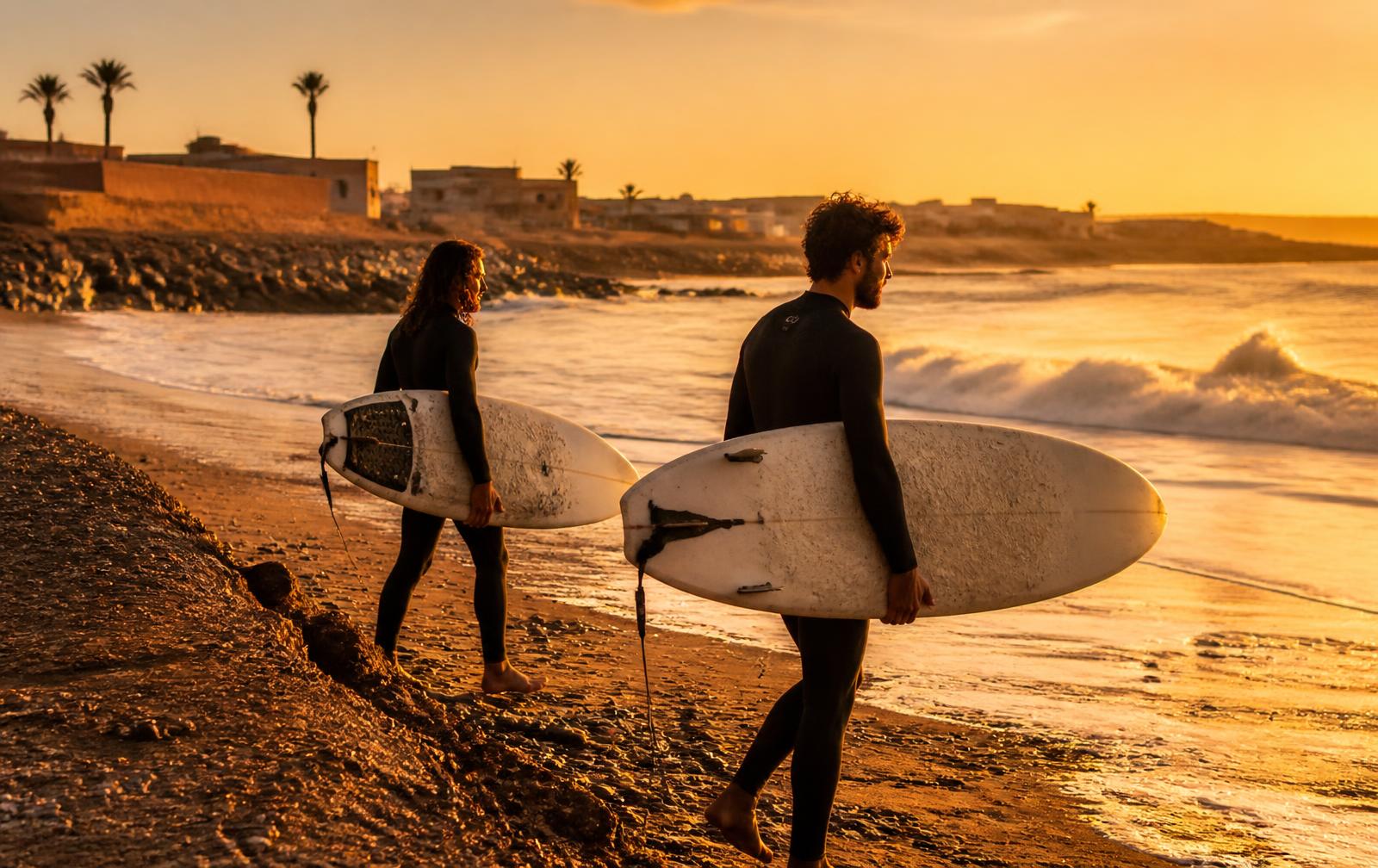 Surfers walking to the water at sunset near Rabat